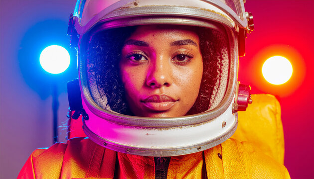 Young woman astronaut looking forward exploring space