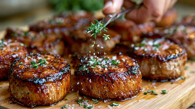 Chef hand sprinkling fresh chopped herbs over seared steak medallions with beef