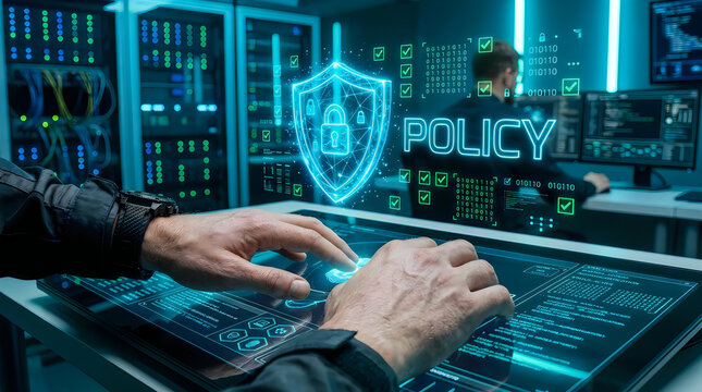It professional working on cyber security policy with digital shield interface in a server room
