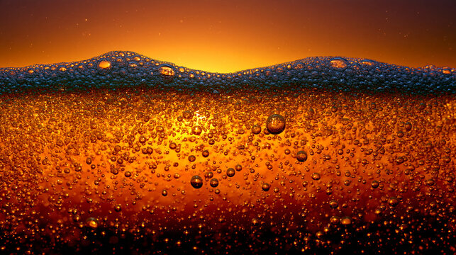 Sparkling dark amber carbonated beverage with bubbles and foam under warm golden light