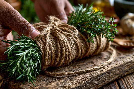 Hand binding fresh aromatic herbs into a bundle for traditional cooking with still life