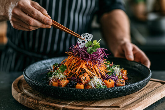 Culinary expert garnishing a colorful healthy bowl of salad in a modern kitchen