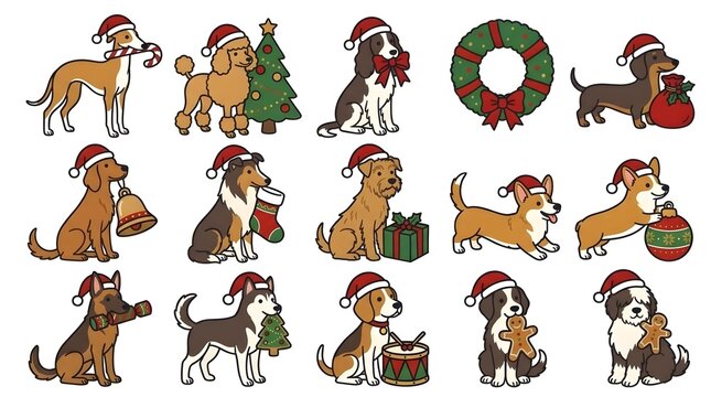 Cute Christmas Dog Clipart Bundle, Festive Puppies in Santa Hats with Christmas Wreaths, Candy Canes, Gifts, Stockings and Gingerbread Cookies