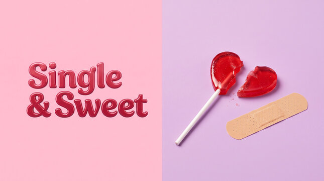 A broken heart shaped red candy lollipop and a bandage on a split color background with split red heart lollipop rests next adhesive bandage pink purple backdrop confectionery