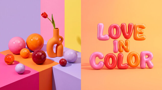 Colorful spheres and a vase with a tulip arranged on geometric blocks with text balloons with composition smooth colorful alongside inflatable letter balloons spelling love ceramic vase red