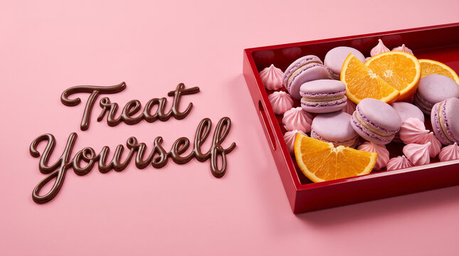 A red tray containing purple macarons and orange slices with chocolate lettering on pink surface with slices sit tray next confectionery arrangement celebration background with indulgence