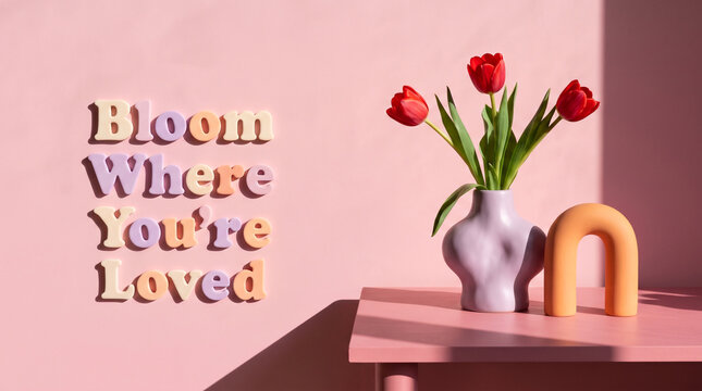 Red tulips in a lavender ceramic vase on a pink table with inspirational wall lettering with pink surface against vase next orange stand lavender three red arrangement typography