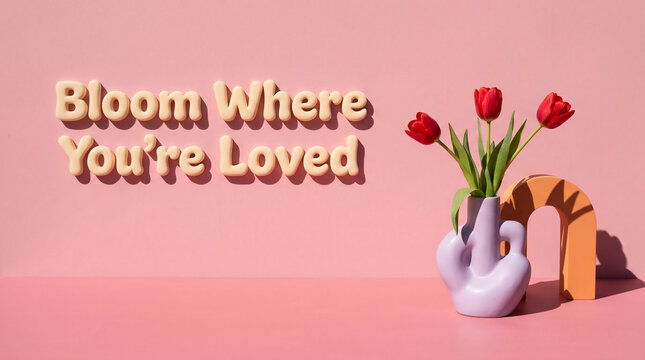 Three red tulips in a lavender vase on a pink surface with decorative text lettering with flowers sit lavender ceramic vase next next orange arch tulip flowers arrangement with composition