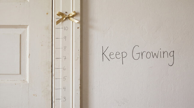 Height measurement markings on a white wooden door frame with the words keep growing written with frame next text numbered height markings drawn inspirational development handwritten