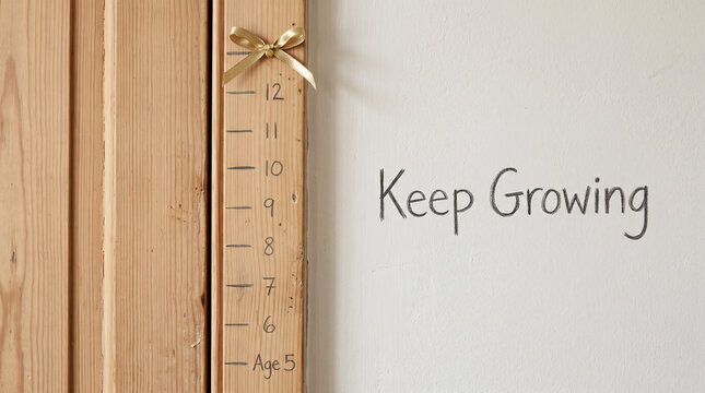 A wooden door frame featuring handwritten height markings and the text keep growing on wall with marked height measurements five twelve decorative measurements age development