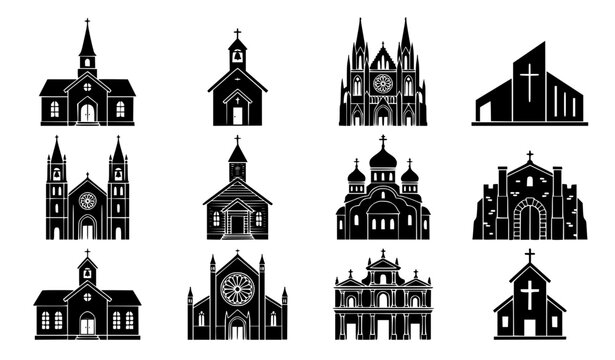 Church Building Icon Set with Chapel, Cathedral and Christian Architecture Symbols