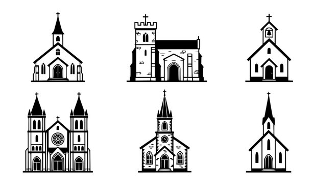 Traditional Christian Church Building Vector Icon Set with Cross and Steeple