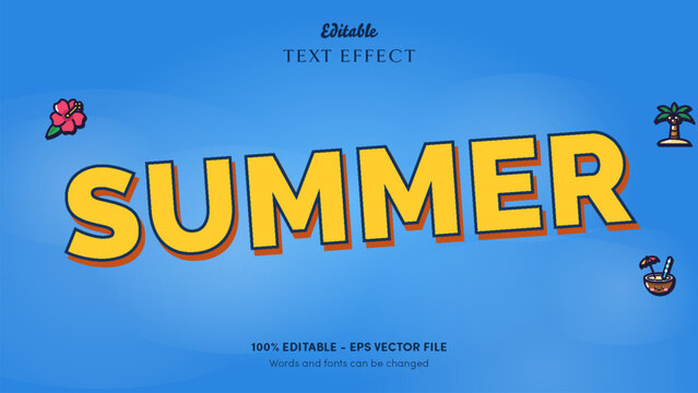 Summer prop lockup editable text effect, bold sunny yellow lettering with hibiscus, palm and coconut drink
