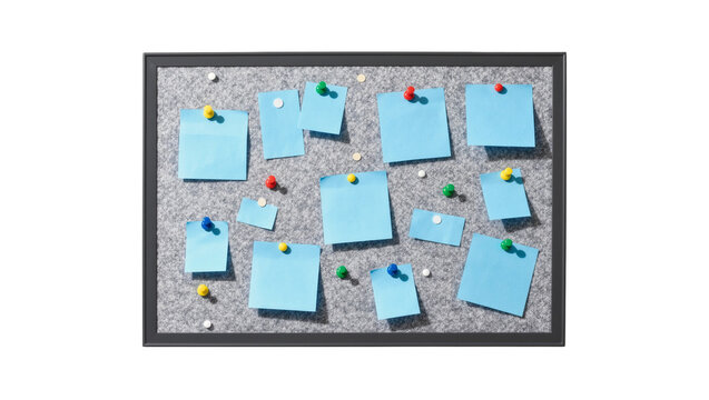 Grey felt bulletin board with blue sticky notes and colorful pushpins, isolated on transparent background