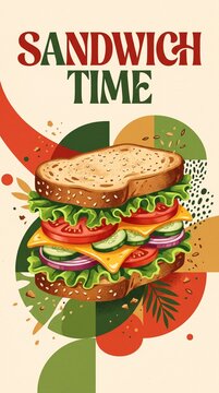 Graphic sandwich illustration with fresh vegetables wheat bread and vibrant paper textures.