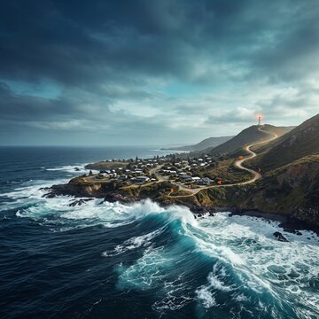 Scenic coastal landscape with winding road leading to lighthouse on hill under cloudy sky.