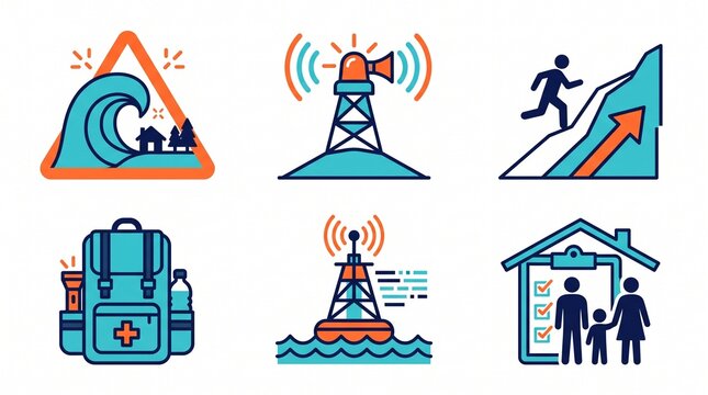 Safety icon set depicting tsunami evacuation and emergency preparedness kits for families.