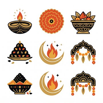 Indian festival icon collection featuring diya marigold flower and traditional food elements.