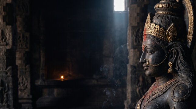 Black stone goddess statue inside dark ancient indian temple with glowing lamp and sacred incense.