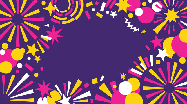 New Year 2027 festive greeting card layout featuring a dark purple backdrop decorated with vibrant yellow pink and white starburst patterns and confetti Background Vector