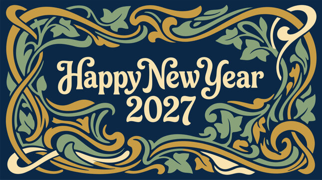 New Year 2027 Art nouveau style greeting card template featuring ornate golden flourishes and green leaves surrounding happy new year 2027 typography Background Vector
