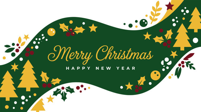 New Year 2027 festive greeting card design featuring a dark green wavy banner decorated with golden christmas trees holly leaves berries and stars Background Vector