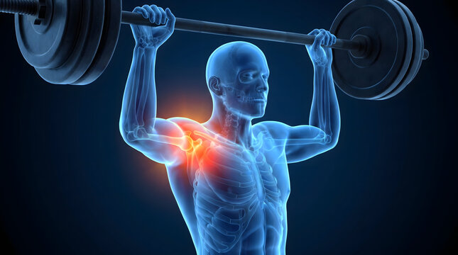A 3D medical illustration of a translucent blue human figure lifting a barbell, with a highlighted red area indicating pain or injury in the shoulder joint. This anatomical render visualizes common...