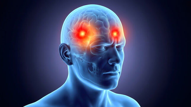 A detailed 3D render of a human head, showcasing the brain and skull in a translucent blue. Bright red glowing spots highlight areas of pain or activity within the brain, symbolizing concepts like...