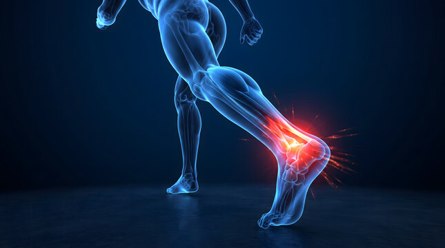 A detailed 3D medical illustration showing a human ankle joint during a running motion, with a glowing red highlight indicating pain, inflammation, or injury in the musculoskeletal structure agains...