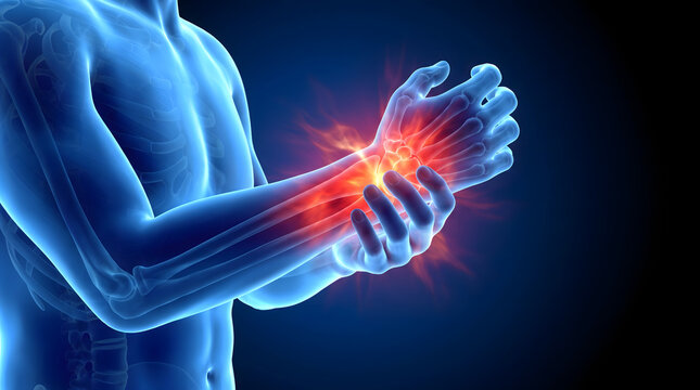 A detailed 3D medical illustration showing a human wrist experiencing intense pain and inflammation, highlighted with glowing red energy against a blue skeletal background, representing orthopedic...