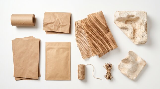 Eco-friendly packaging materials laid out on a white background