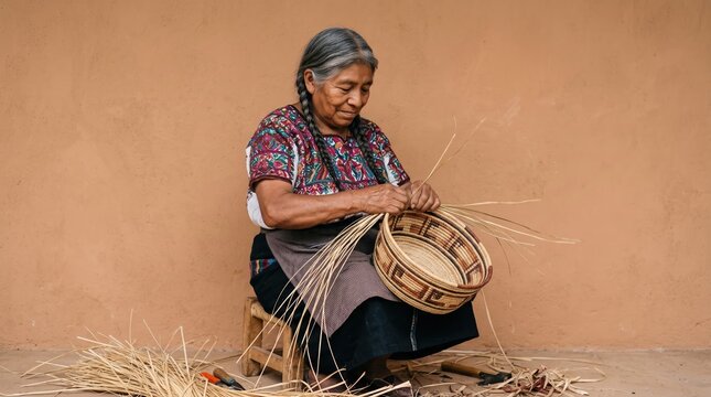 Indigenous Woman Handcrafting Basketry