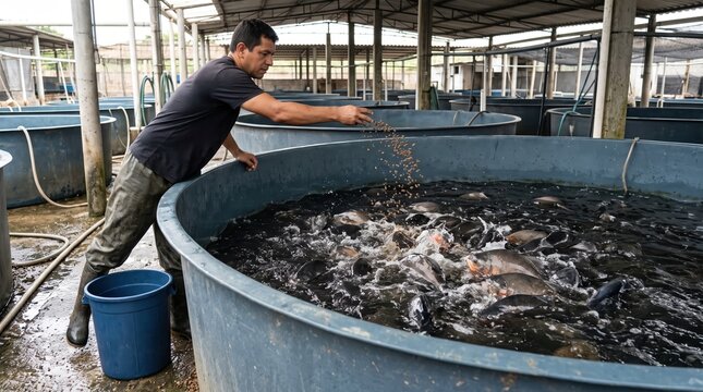 Worker Feeding Fish in Aquaculture Farm Tank
