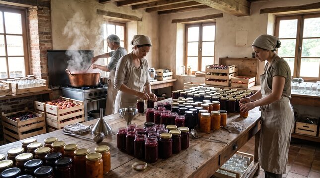 Women crafting homemade preserves in rustic kitchen