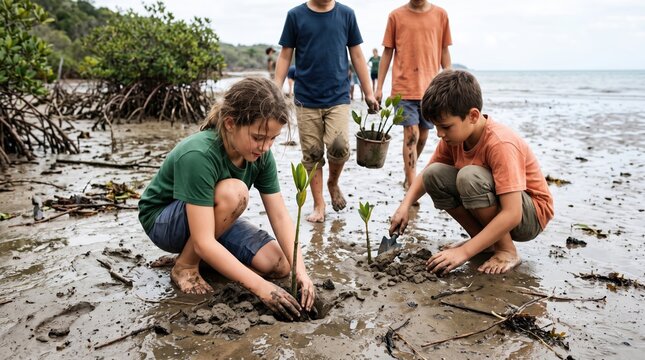 Young children planting trees in muddy coastal area