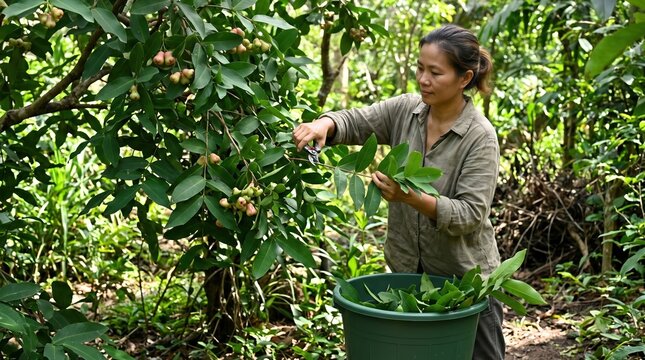 Woman harvesting fresh leaves in a lush green garden
