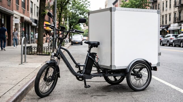 Electric cargo delivery bike on city street