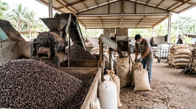 Worker bagging coffee beans at a processing facility
