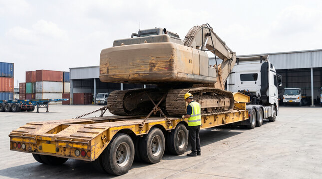 Heavy excavator securely loaded onto flatbed truck trailer while industrial worker wearing reflective vest and hard hat inspects cargo chains during daytime outdoor operations within large logistics c