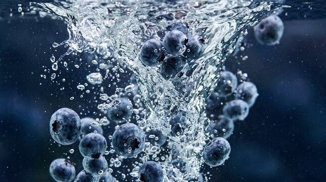 Fresh Blueberries Falling into Water with Bubbles