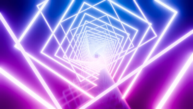 Glowing neon spiral tunnel with purple and blue geometric lights