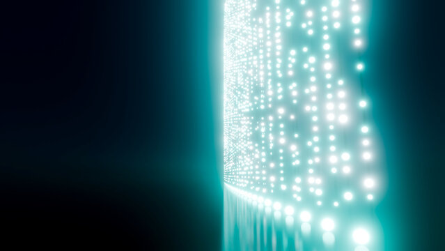 Led wall glowing with blue light dots in dark setting