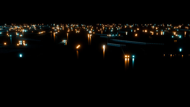 Glowing abstract digital circuit with blue and orange lights