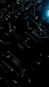 Abstract circuit board with glowing blue and orange lights