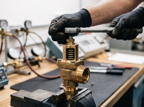 Skilled Technician Adjusting Brass Valve with Wrench in Industrial Workshop Environment