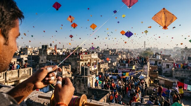 Vibrant international kite festival with countless colorful kites filling the clear blue sky over Indian city rooftops