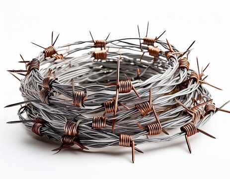 messy barbed wire isolated on white
