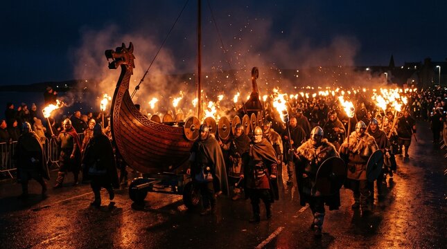 Spectacular Up Helly Aa Viking fire festival procession with costumed participants carrying burning torches alongside a traditional dragon ship at night