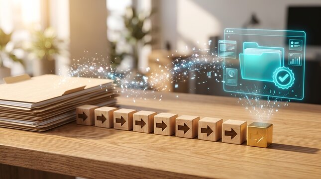 Digital Transformation Roadmap Showing Wooden Blocks Leading to Holographic Cloud Folder