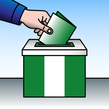Nigeria, ballot box, flag and hand inserting a ballot paper into a ballot box, vector illustration